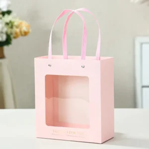Foldable Small Pink Monogram Wedding Boutique Kraft Paper Shopping Gift Bag with Window and Ribbon Handles