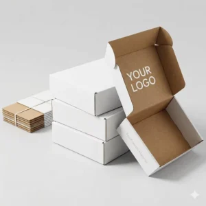 Foldable Waterproof White Corrugated Shipping Boxes with Kraft Brown Interior and Embossing for E-commerce Packaging