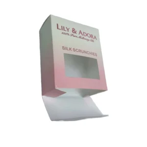 Foldable White Art Paper Gift Scrunchie Packaging Box With Window, Matt Lamination And Embossing