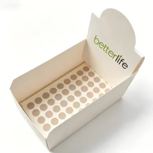 Foldable White Paper Retail Display Box, Perforated Round Hole Inner Base and Curved Flip Lid