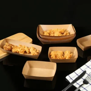 Folding Rectangle Kraft Paper Snack Tray with Embossed Printing and Matte Lamination for Sushi, Corn Dogs, and Fries