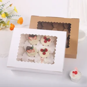 Food-Grade 12-Count Auto Pop-Up Kraft Paper Cupcake Box with Window