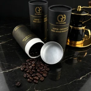 Food-Grade Aluminum-Lined Paper Tube Canister for Tea and Coffee with Black and Gold Print