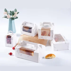 Food Grade Cardboard Paper Bread Takeaway Box with Handle and Custom Marble Design