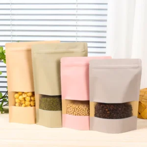 Food Grade Custom Logo Durable Materials Packaging Self Standing Pouch Pink Color Kraft Paper Bag With Zipper Top Clear Window