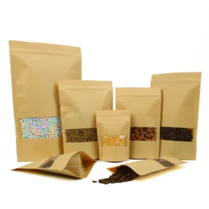 Food-Grade Kraft Paper Heat-Seal Doypack Stand-Up Pouch with Window for Snacks, Coffee, or Pet Food