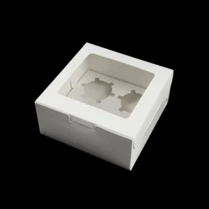 Food Grade White Paper 4 Cupcake Box with Transparent Window Foldable Bakery Packaging