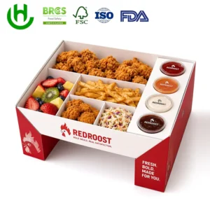 Fried Chicken Serving Tray, Printed Cardboard Box with Dividers for Fries, Fruits, Salads, and Sauce Cups