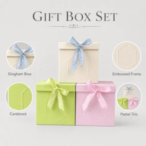 Gift Box Set with Cream, Lime, and Pink Gingham Ribbon Bow, Embossed Frame, and OEM Private Label