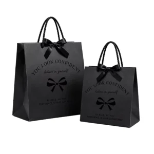 Gift Paper Bag for Wedding Party Favors Packaging Spot UV Matte Black Shopping Bag with Round Rope Handle