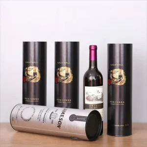 Gold Foil Printed Wine Tube Packaging with Recycled Materials and Biodegradable Paper Canisters