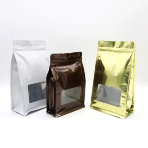 Gold Plastic Flat-Bottom Zipper Pouch with Rectangle Window, Food-Grade High-Barrier Packaging for Dried Food Snacks
