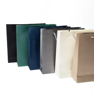 Gold Textured Paper Gift Bags Black Satin Handle Boutique Shopping Bags for Premium Business Gifting
