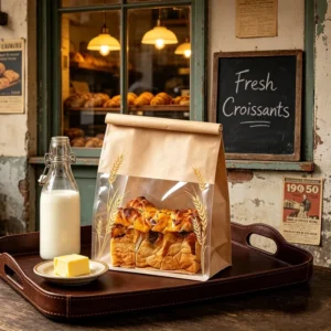 Greaseproof Kraft Paper Bread Bag with Clear Window Tin Tie Seal Food Grade Oil Proof Toast Loaf Sandwich Takeaway Packaging