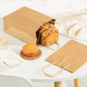 Greaseproof Kraft Paper Takeaway Bag with Drawstring Handle, Disposable Food Packaging Tote, OEM Custom Logo, Biodegradable