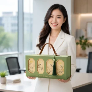 Guangdong Factory Mid Autumn Mooncake Gift Box With Leather Handle and Gold Foil Custom OEM Packaging
