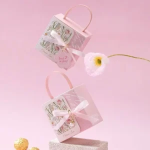 Handheld Paper Candy Gift Box with Ribbon Tag, Wedding Bridesmaid Favor Chocolate Packaging, Custom Logo