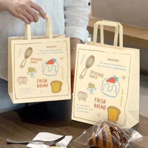 Handmade Eco-Friendly Brown Kraft Paper Bag with Bakery Illustration for Pastry and Dessert Takeaway Packaging