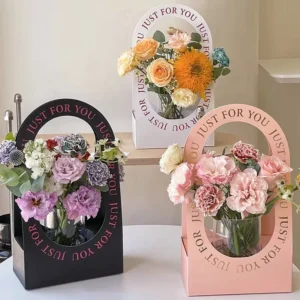 Handmade Large Kraft Flower Box for Valentine’s Day Favor Portable Rose Bouquet Packaging with Handle