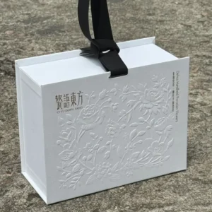 Hard Gift Box with Handle, Custom Embossed Flower Paper Packaging, Recyclable Suitcase Shape for Face Cream and Powder