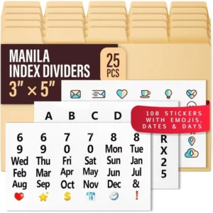 Heavyweight Manila Index Card Box Dividers 3×5 with Tabs 108 Stickers Monthly Recipe Guides Greeting Card Dividers