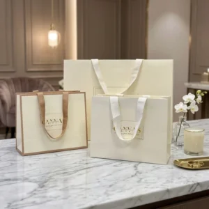 High End Gold Foil Paper Shopping Gift Bag Custom Logo Print Satin Ribbon Handle Paper Bag for Cosmetics Apparel Boutique
