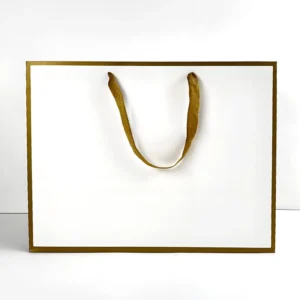 High-Hardness White Card Paper Bag with Wide Satin Handle and Minimalist Line Logo for Apparel Retail Packaging