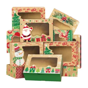 High Quality Eco-Friendly Christmas Bakery Food Box Kraft Paper Window Holiday Designs for Biscuit Cake Cookie Gifts Packaging
