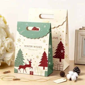 Holiday Season Christmas Party Favour Gift Treats Packaging Recyclable Kraft Paper Bags Hand Length Handle for Goodie