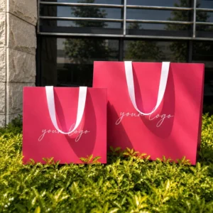 Hot Pink Matte Paper Shopping Bag with White Satin Ribbon Handle Custom Logo Eco Friendly FSC
