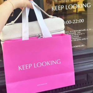 Hot Pink Paper Shopping Bag with White Wide Satin Handle and Logo for Women’s Clothing Boutique