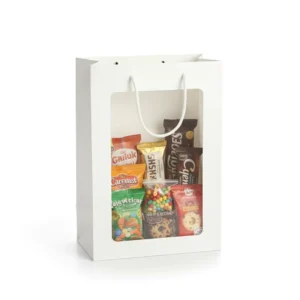 In Stock Classic White Paperboard Shopping Bag with Handle and Window for Snacks, Gifts, Candles, and Crafts