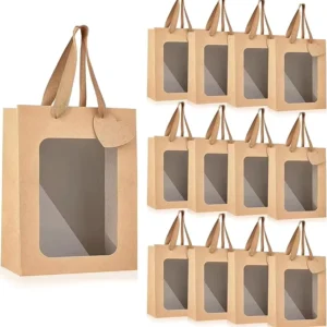 Ivory Board Paper Bag with Transparent Window, Waterproof Kraft Handles for Crafts, Candles, and Photo Frames