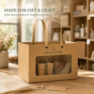 Kraft Paper Bag with Window Flexiloop Handle for Gift Displays Craft Retail and Favor Packaging Custom Size Logo