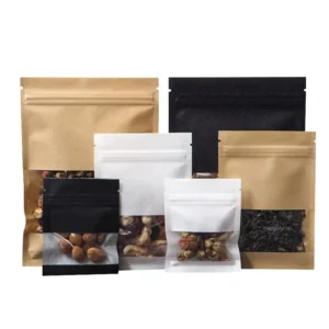 Kraft Paper Bags with Resealable Zippered Frosted Window for Snacks Coffee Tea Candy and Pet Food Stand Up Pouches
