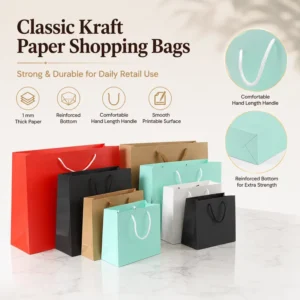 Kraft Paper Carrier Bags with Long Rope Handles, Custom Printed Retail Gift Packaging
