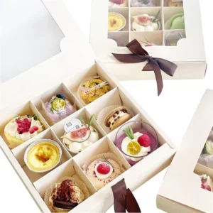Kraft Paper Divider Food Bread Cake Candy Macaron Dessert Gift Paper Box With Clear Window Lid And Ribbon