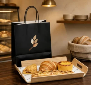 Kraft Paper Food Carrier Bags with Long Handles Custom Print Takeaway Packaging for Bakery Cafe Deli