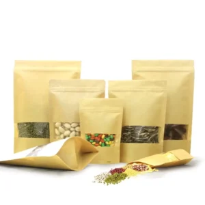 Kraft Paper Food Packaging Bag with Window, 200g/500g, Smell Proof, PET+PE Lined, Heat-Sealing, Stand-Up Zipper