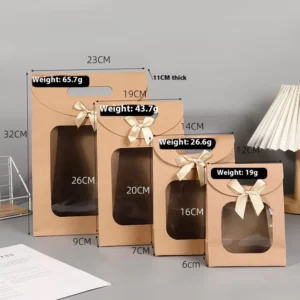Kraft Paper Gift Bag with Transparent Window, Bow and Flower Decor, Logo Printing