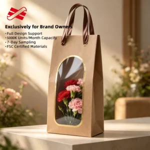Kraft Paper Gift Bag with Transparent Window, Custom Recyclable Mailing and Flower Packaging, Handle