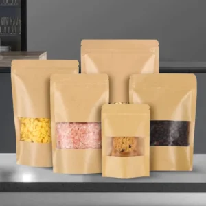 Kraft Paper Resealable Stand-Up Pouches with Transparent Window for Snacks Cookies and Candy