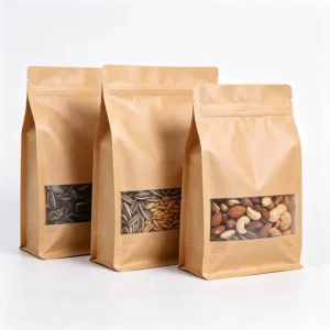 Kraft Paper Stand-Up Pouches, Yellow Frosted Window, Food-Grade, Gravure Printing, Recycled