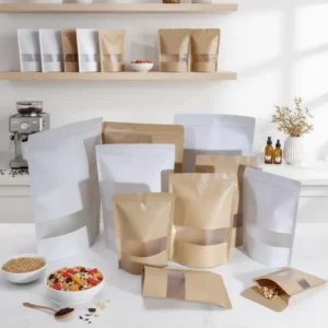 Kraft Paper Standup Pouch Food Grade Resealable Zip Packaging for Coffee Snacks Tea with Window Custom Printing