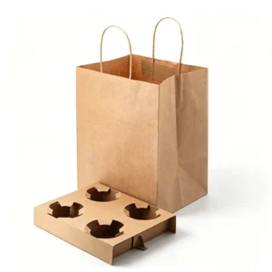 Kraft Paper Takeaway Bags with Cup Holder for Coffee Milk Tea Beverage Packaging Custom Printed Logo Carrier Bags