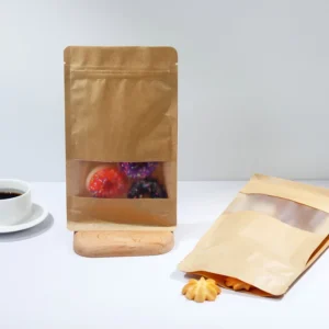 Kraft Paper Treat Bags With Window Ziplock Stand Up Pouches For Packing Food Cookies Snacks