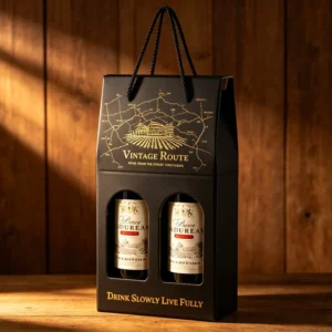 Kraft Paper Whisky Wine 2 Bottle Gift Box Handheld Carrier with Custom Logo and Reusable Packaging