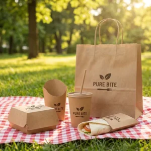 Kraft Picnic Takeaway Set with Hinged Burger Box, Lidded Drink Cup, and Rope Tote
