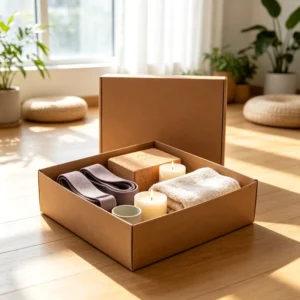 Kraft Yoga Gift Box with Lavender Strap Cork Block White Candles Towel Ceramic Cup Studio Packaging Present Set