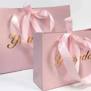 Kraft and White Card Paper Bag with Bow, Gold Stamp, and Matte Lamination